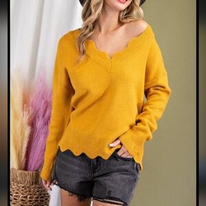 Women's Mustard Scalloped Sweater